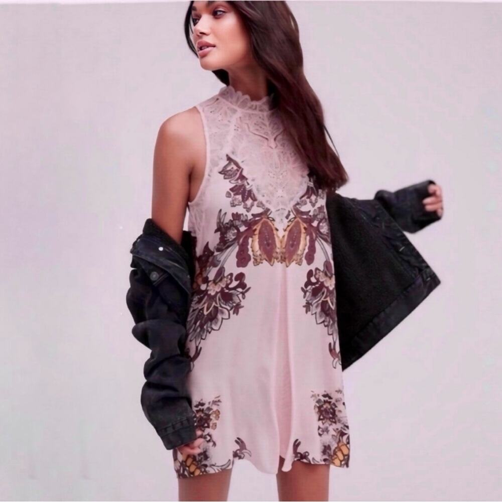 Free People Marsha blush pink lace sleeveless mini slip trapeze dress